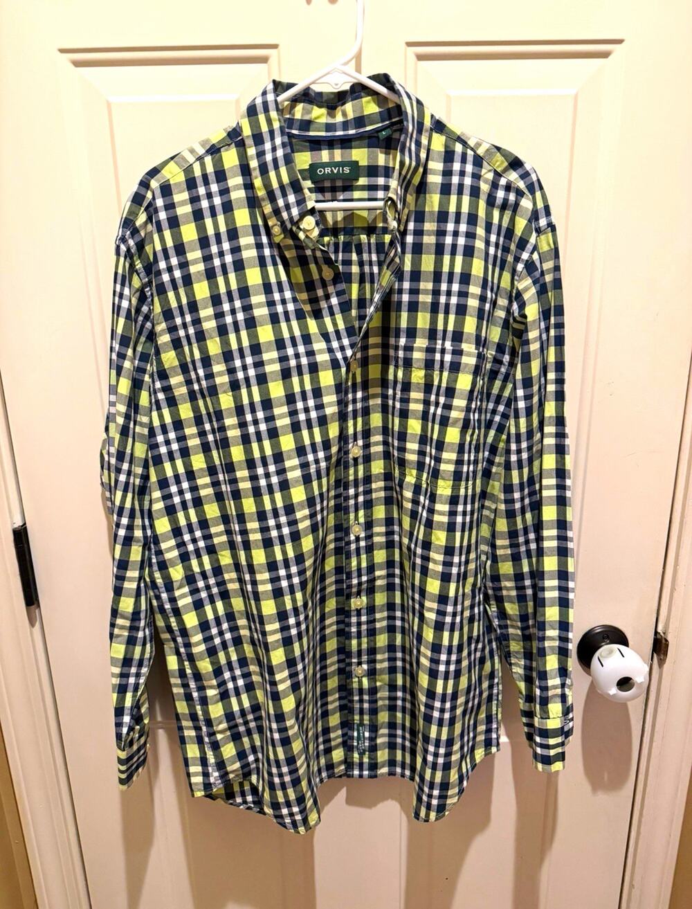 Orvis Men’s Plaid Woven Long Sleeve Button-Down Shirt Green/Navy/White L